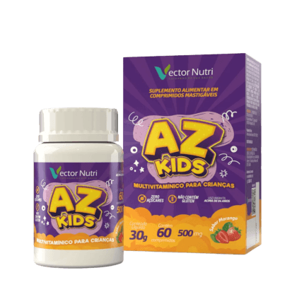 Multivitaminico infantil az kids Vector Nutri de 60 comprimidos mostrando o pote e a caixa sabor morango.