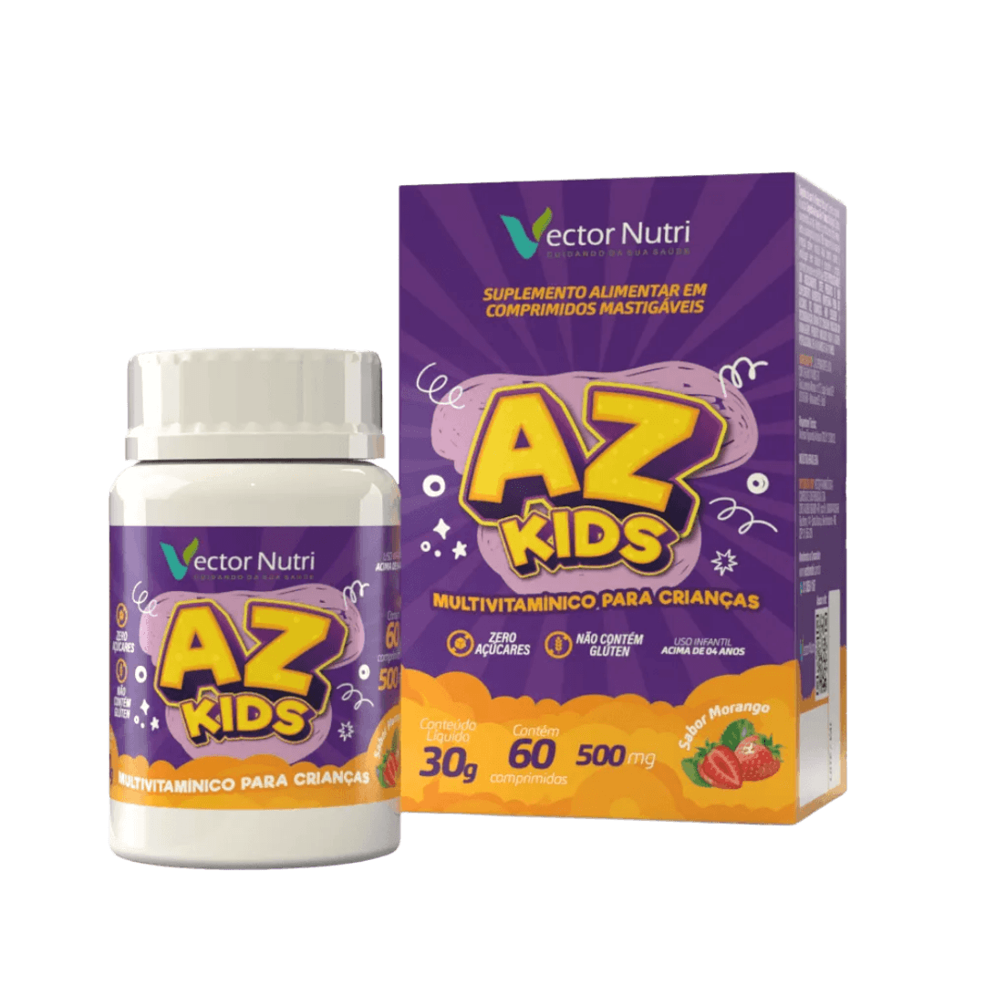 multivitaminico-infantil-az-kids-vector-nutri-60-comprimidos Multivitaminico infantil az kids Vector Nutri de 60 comprimidos mostrando o pote e a caixa sabor morango.