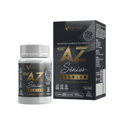 Multivitaminico az mulher premium Vector Nutri de 60 capsulas mostrando o pote e a embalagem.