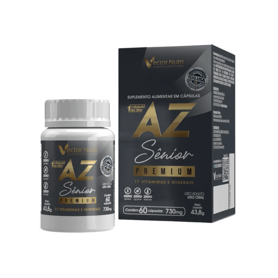 multivitaminico-az-mulher-premium-vector-nutri Multivitaminico az mulher premium Vector Nutri de 60 capsulas mostrando o pote e a embalagem.