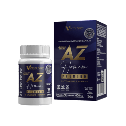 Multivitaminico az homem premium Vector Nutri de 60 capsulas mostrando o pote e a embalagem.