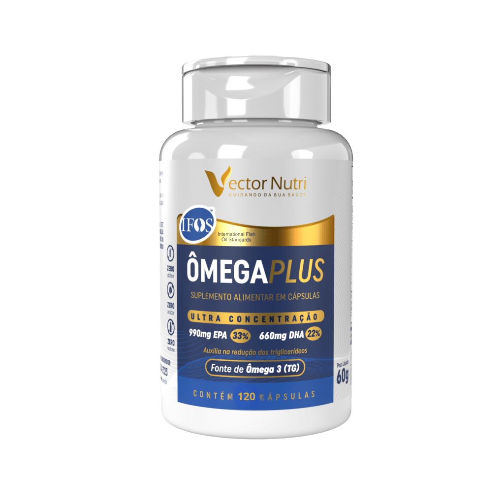Ômega Plus 120 Cápsulas Vector Nutri Frasco do suplemento Ômega Plus 120 Cápsulas Vector Nutri com selo IFOS e ultra concentração de Ômega 3 TG.