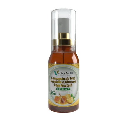 Frasco de 30ml do Spray Mel Própolis Abacaxi Hortelã da Vector Nutri, destacando ingredientes como favos de mel, própolis, abacaxi e folhas de hortelã.