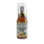 Frasco de 30ml do Spray Mel Própolis Agrião da Vector Nutri, destacando ingredientes naturais como favos de mel, extrato de própolis e folhas de agrião.