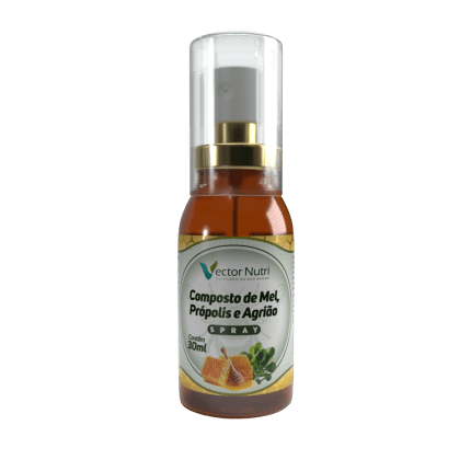 Frasco de 30ml do Spray Mel Própolis Agrião da Vector Nutri, destacando ingredientes naturais como favos de mel, extrato de própolis e folhas de agrião.