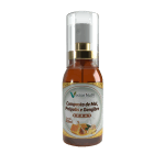 Frasco de 30ml do Spray Mel Própolis Gengibre da Vector Nutri, destacando ingredientes naturais como favos de mel, extrato de própolis e raiz de gengibre.