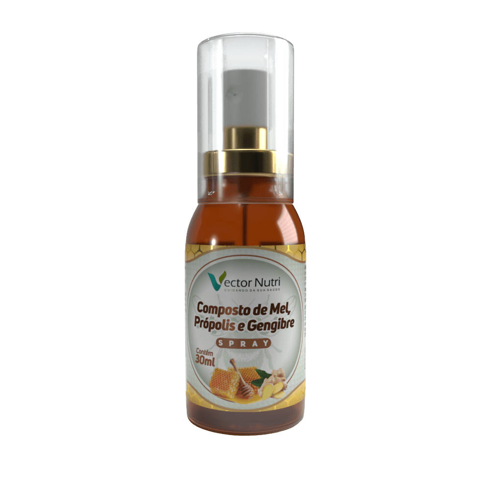 Spray Mel Própolis Gengibre 30ml Vector Nutri Frasco de 30ml do Spray Mel Própolis Gengibre da Vector Nutri, destacando ingredientes naturais como favos de mel, extrato de própolis e raiz de gengibre.
