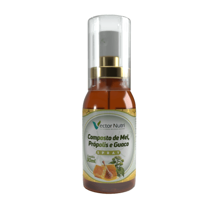 Frasco de 30ml do Spray Mel Própolis Guaco da Vector Nutri, destacando ingredientes naturais como favos de mel, extrato de própolis e folhas de guaco.