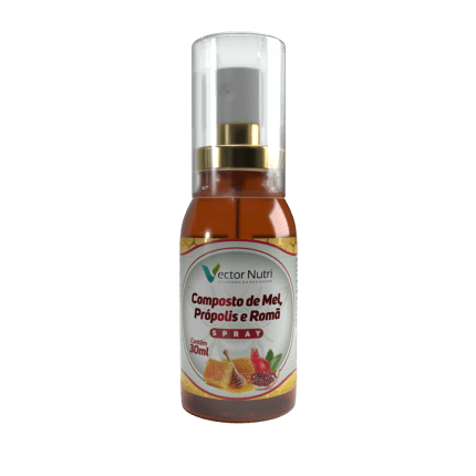 Frasco de 30ml do Spray Mel Própolis Romã da Vector Nutri, com ingredientes naturais como mel, extrato de própolis e romã.
