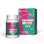 Pote e caixa do suplemento Colágeno com Vitaminas e Minerais Vector Nutri de 60 cápsulas.