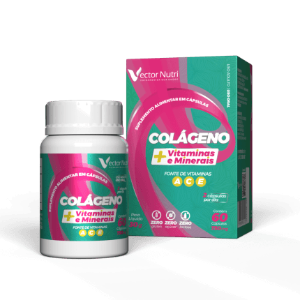 Pote e caixa do suplemento Colágeno com Vitaminas e Minerais Vector Nutri de 60 cápsulas.