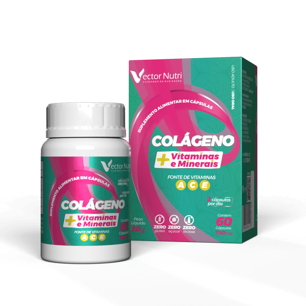 colageno + vitaminas e minerais Pote e caixa do suplemento Colágeno com Vitaminas e Minerais Vector Nutri de 60 cápsulas.
