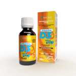 Frasco gotejador e caixa do suplemento alimentar líquido Vitamina D3 em Gotas da Vector Nutri sabor Laranja.