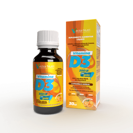 Frasco gotejador e caixa do suplemento alimentar líquido Vitamina D3 em Gotas da Vector Nutri sabor Laranja.