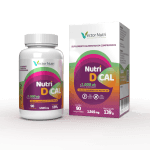 Pote e caixa do suplemento alimentar em comprimidos Nutri D Cal da Vector Nutri de 1000 UI.