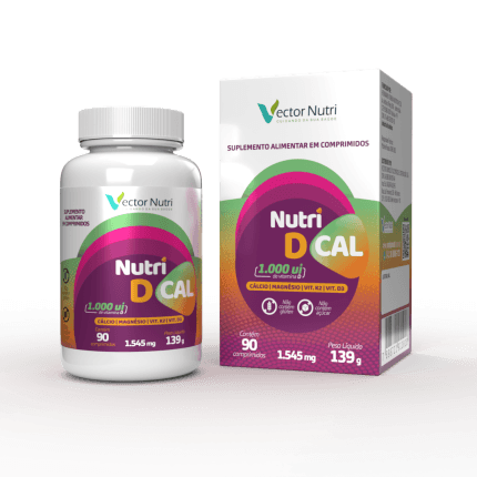 Pote e caixa do suplemento alimentar em comprimidos Nutri D Cal da Vector Nutri de 1000 UI.