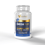 Pote do suplemento Ômega Plus 60 Cápsulas da marca Vector Nutri, indicando ultra concentração de Ômega 3 com selo IFOS.