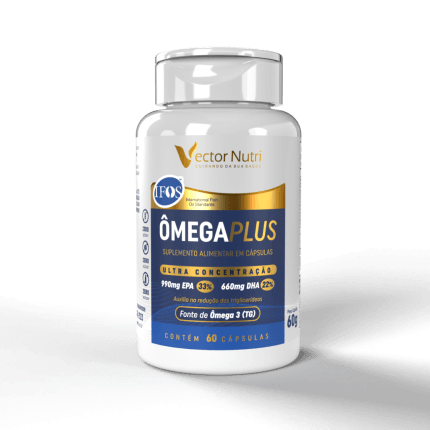 Pote do suplemento Ômega Plus 60 Cápsulas da marca Vector Nutri, indicando ultra concentração de Ômega 3 com selo IFOS.