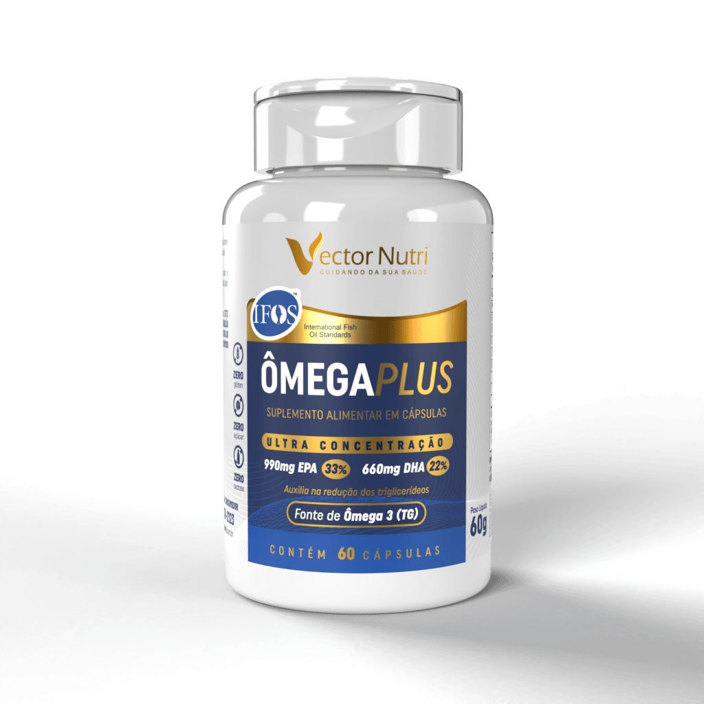 Suplemento Ômega Plus 60 Cápsulas Vector Nutri Pote do suplemento Ômega Plus 60 Cápsulas da marca Vector Nutri, indicando ultra concentração de Ômega 3 com selo IFOS.