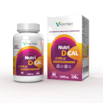 Pote e embalagem do suplemento alimentar Nutri D Cal de 2000 UI em comprimidos da Vector Nutri.