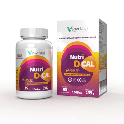Pote e embalagem do suplemento alimentar Nutri D Cal de 2000 UI em comprimidos da Vector Nutri.