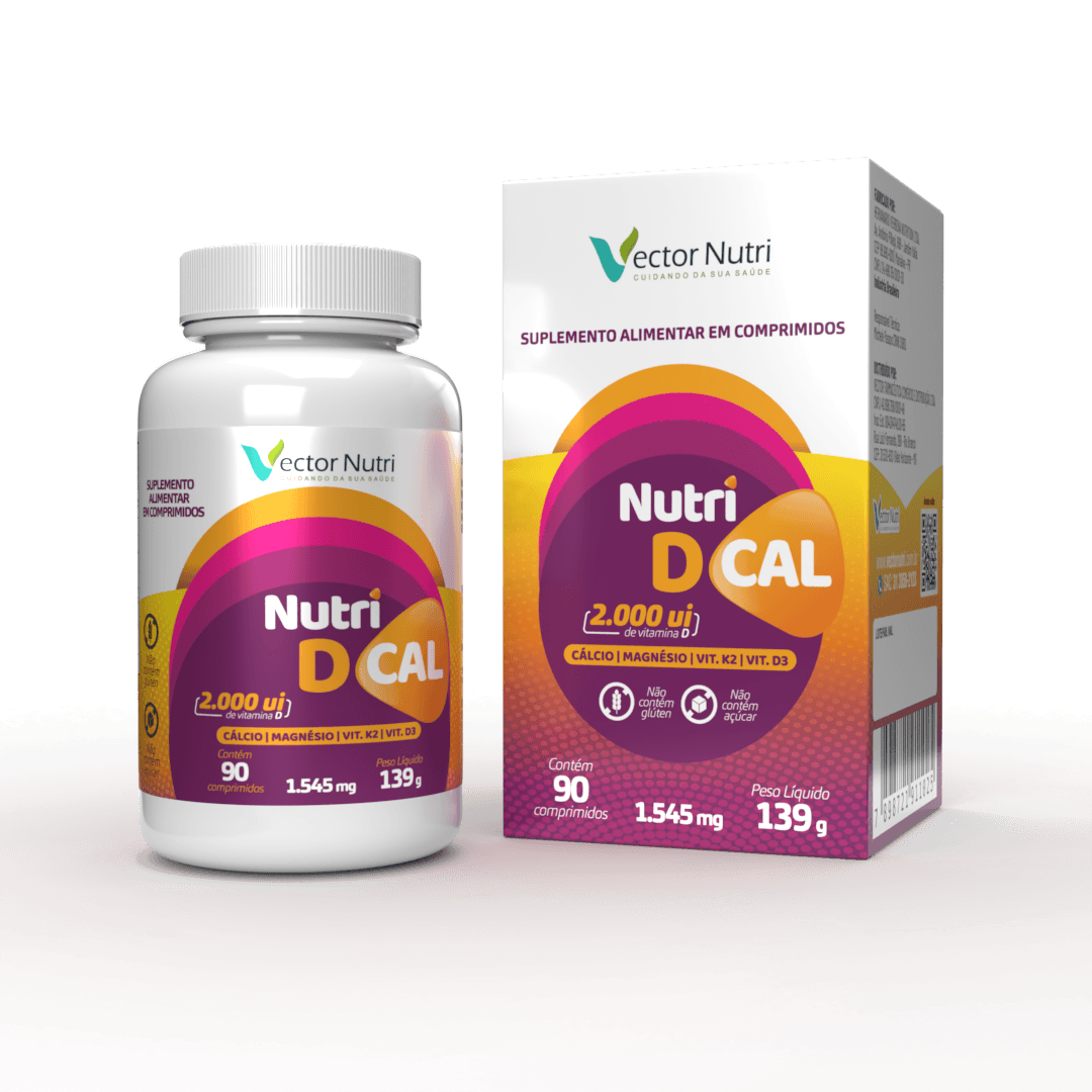 nutri d cal 2000ui Pote e embalagem do suplemento alimentar Nutri D Cal de 2000 UI em comprimidos da Vector Nutri.