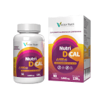Pote e embalagem do suplemento alimentar Nutri D Cal de 2000 UI em comprimidos da Vector Nutri.