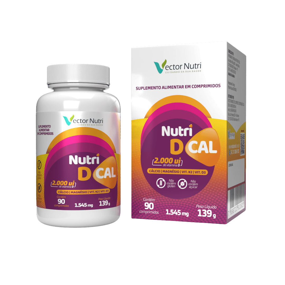 nutri d cal 2000UI Pote e embalagem do suplemento alimentar Nutri D Cal de 2000 UI em comprimidos da Vector Nutri.
