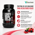 Pote de Whey 100% Concentrado Fresh sabor frutas vermelhas Vector Nutri destacando benefícios para ganho de massa muscular