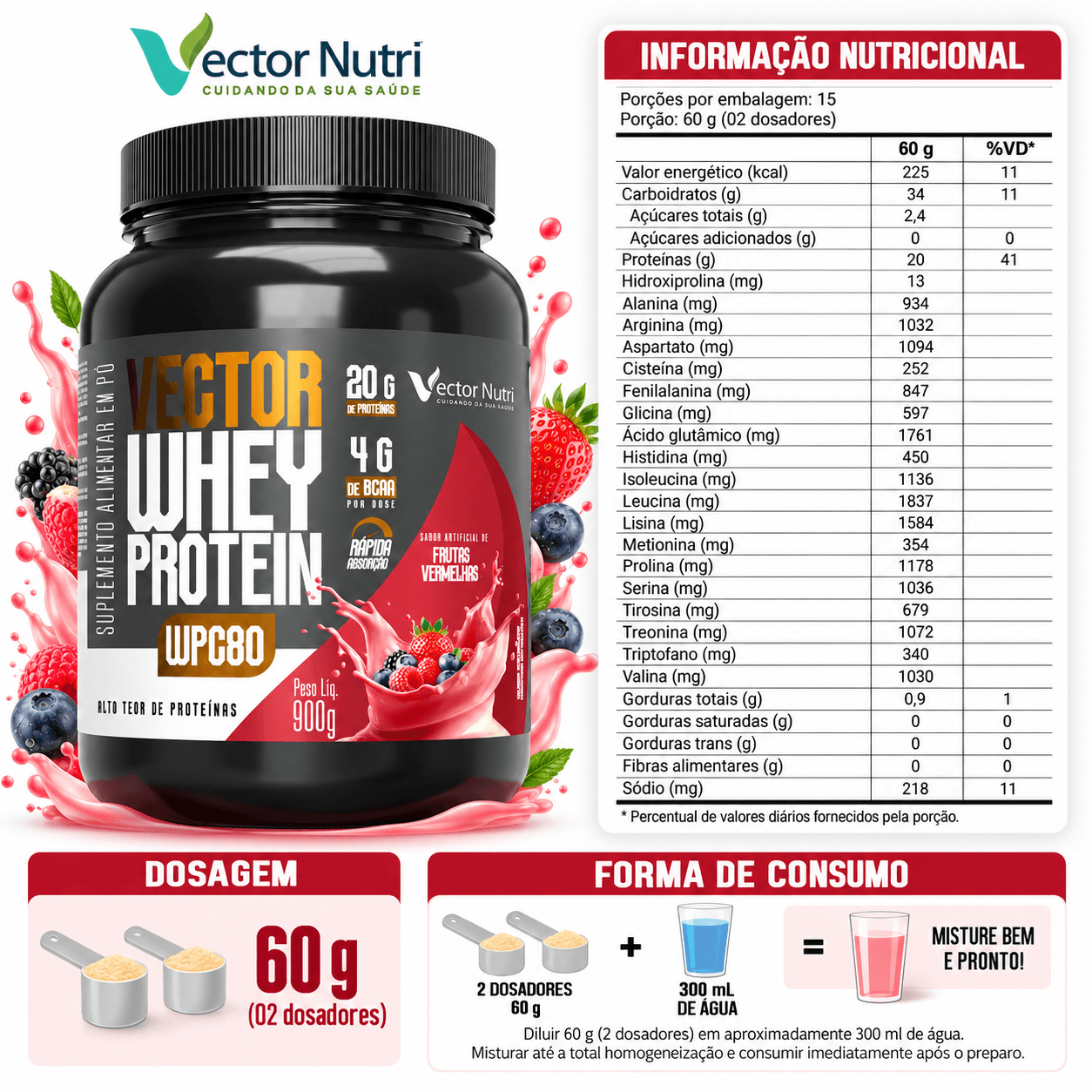 Vector Whey Protein WPC80 Frutas Vermelhas 900g 1 Vector Whey Protein WPC80 Frutas Vermelhas 900g Vector Nutri com 20g de proteína e 4g de BCAA