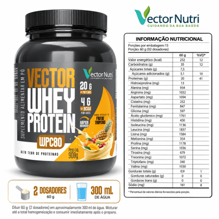 Vector Whey Protein WPC80 Frutas Tropicais 900g suplemento proteico Vector Nutri