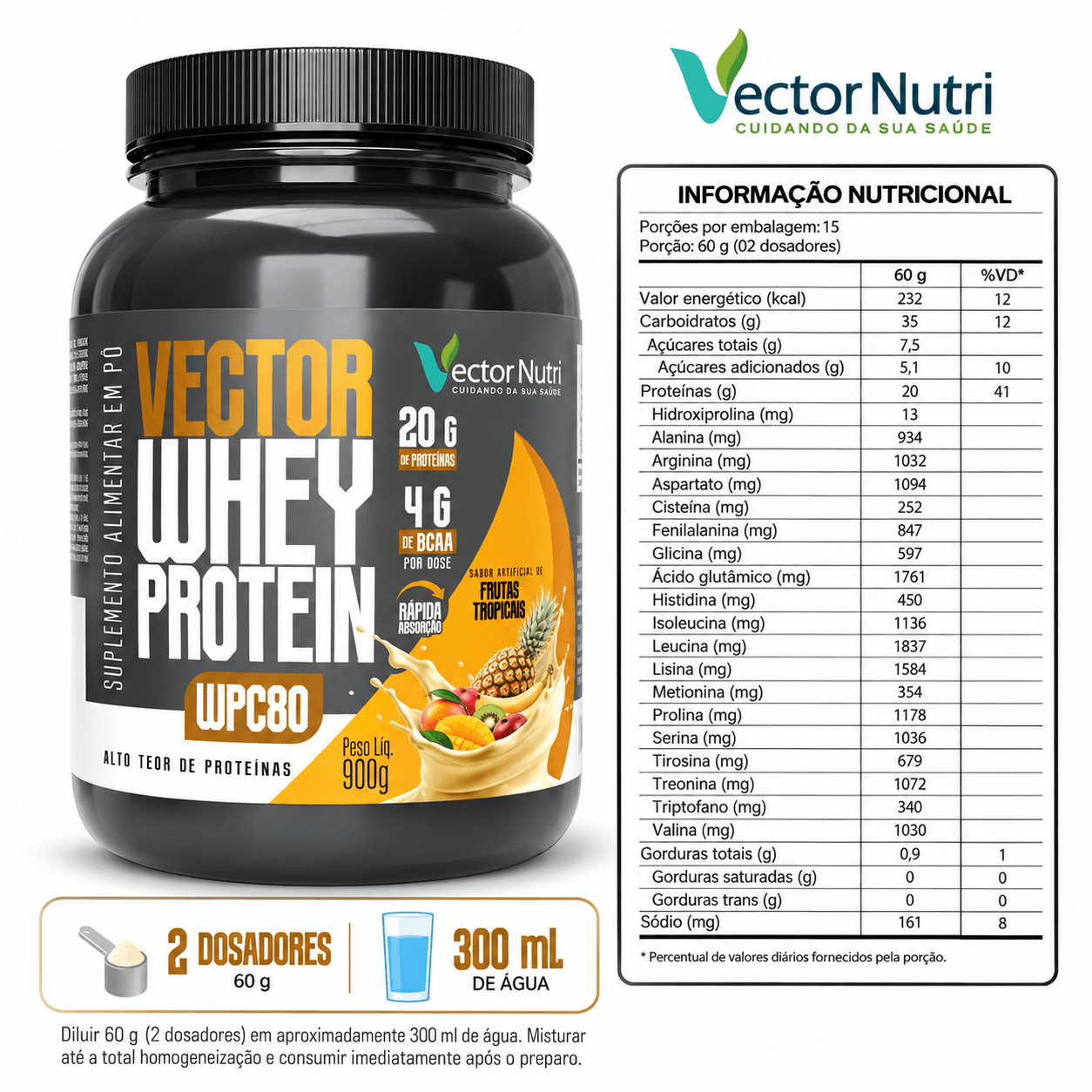Vector Whey Protein WPC80 Frutas Tropicais 900g 1 Vector Whey Protein WPC80 Frutas Tropicais 900g suplemento proteico Vector Nutri